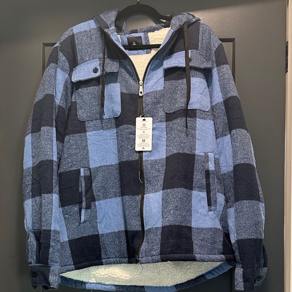 Blue and Black Plaid Hooded Jacket